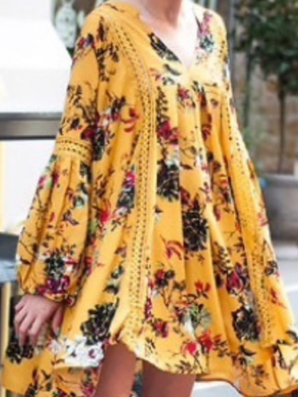 🌼B2G1🌼 Zaful Yellow Floral V-Neck Balloon Sleeve Crochet Trim Mini Dress Sz S